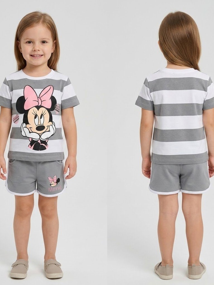 Minnie Mouse Gray Striped Shorts Set - Girl (Front Graphic)