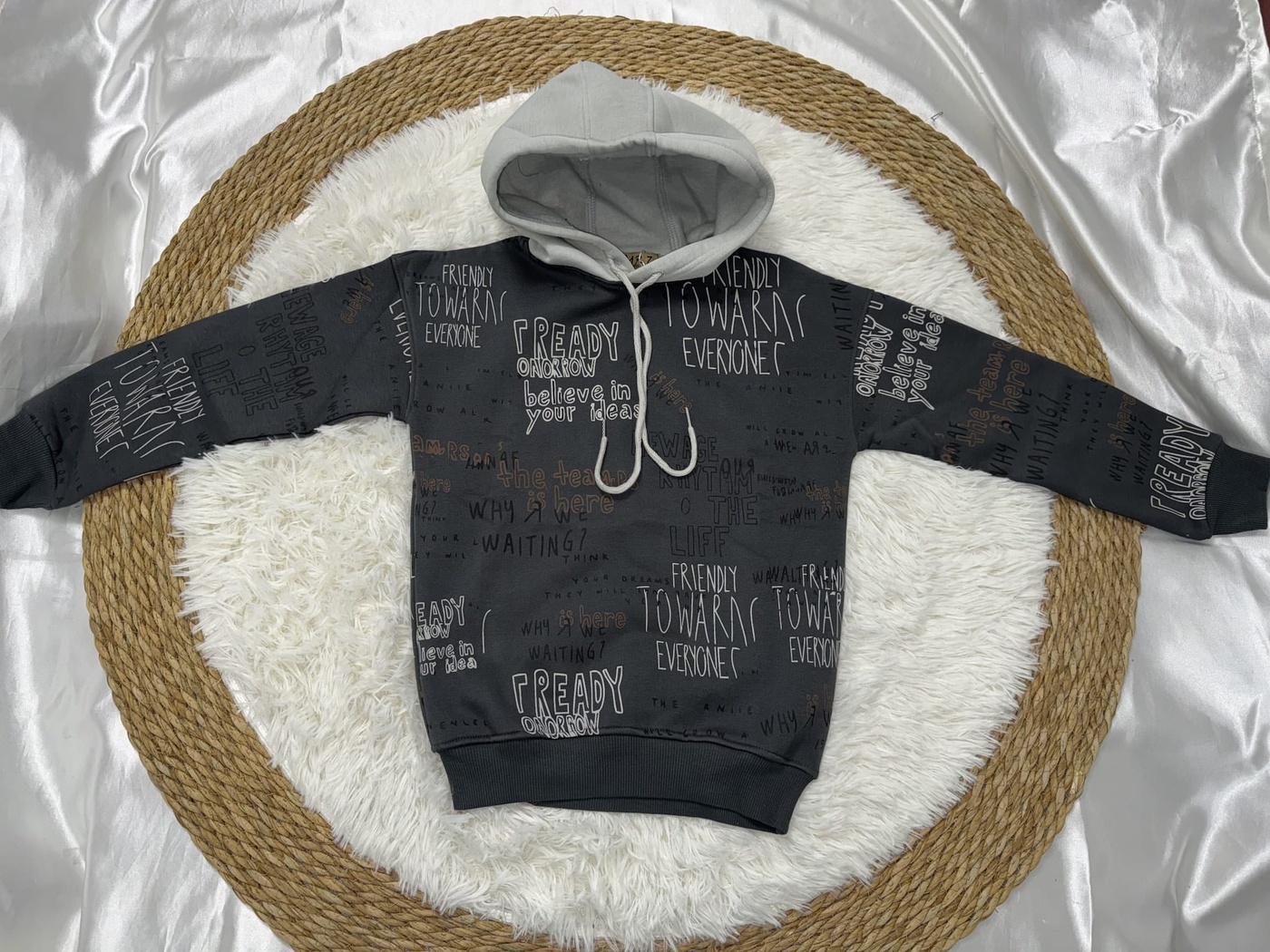 Friendly Text Hoodie Set Dark Grey - Boy (Light Grey Hood & Pants)