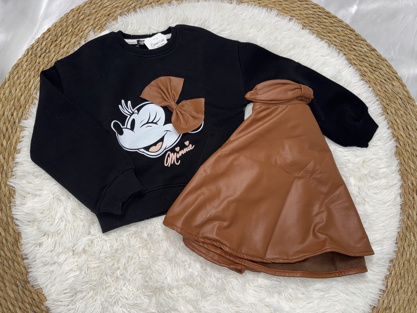 Minnie Leather Bow Set Black - Girl (Brown Leather Skirt)