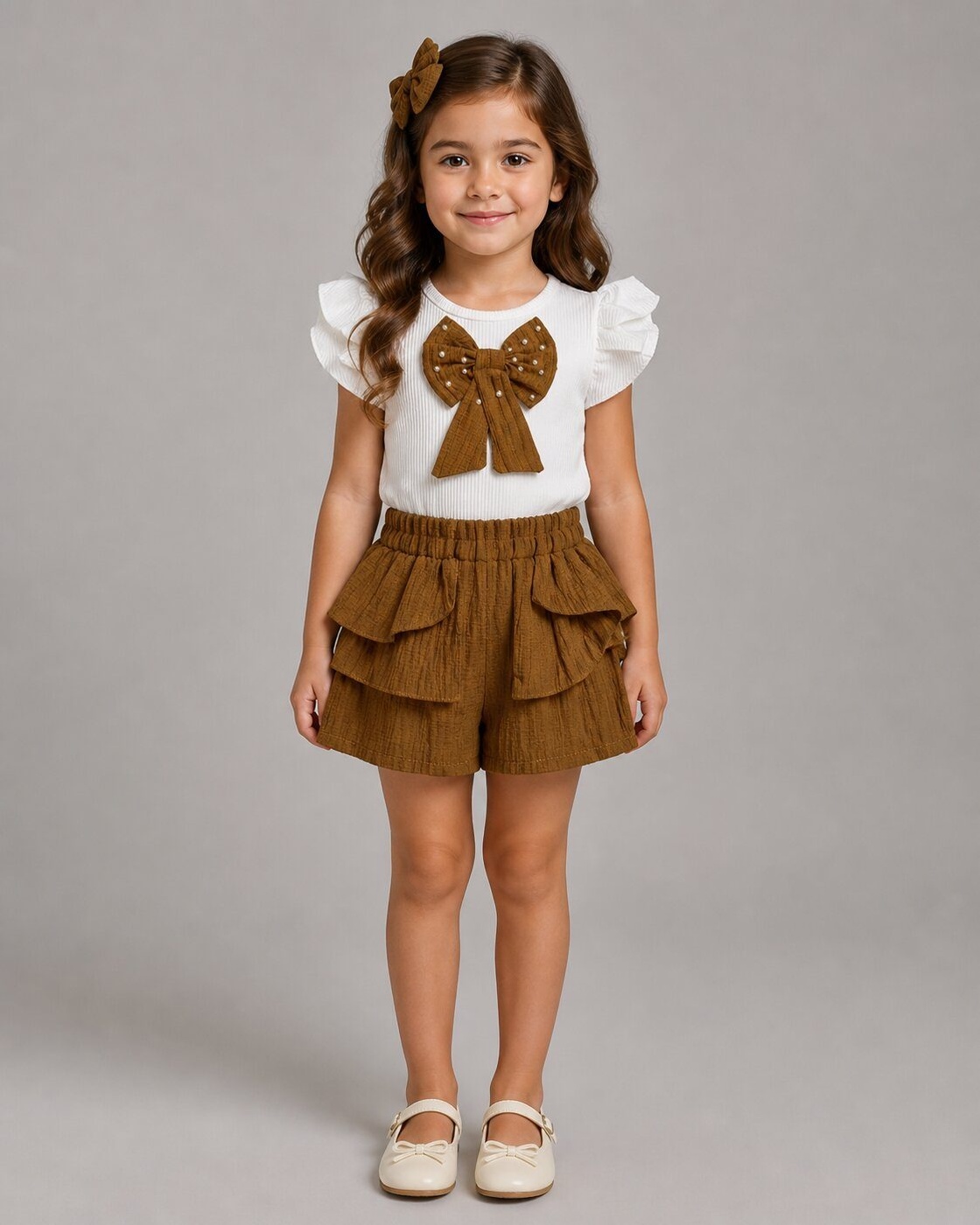 Bow Golden Brown Shorts Set - Girl (Ruffle Shorts)-06