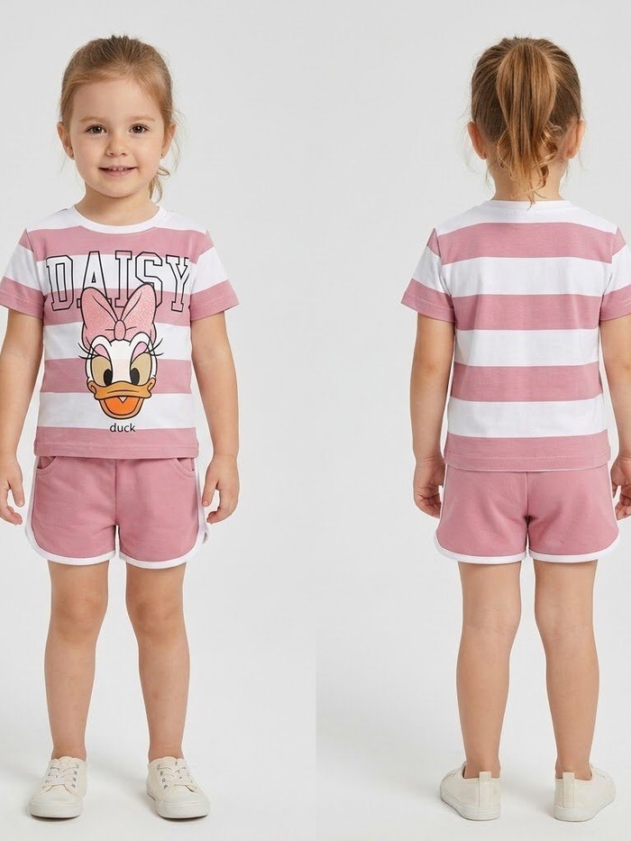 Daisy Duck Pink Striped Shorts Set - Girl (Front Graphic)