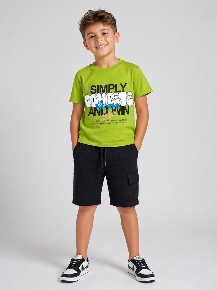 Text Graphic Green Tee Set - Boy (Black Cargo Shorts)