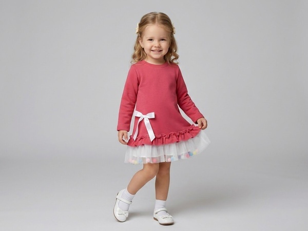 Pom Pom Tulle Dress Set Dark Pink - Girl (White Ribbon Bow)