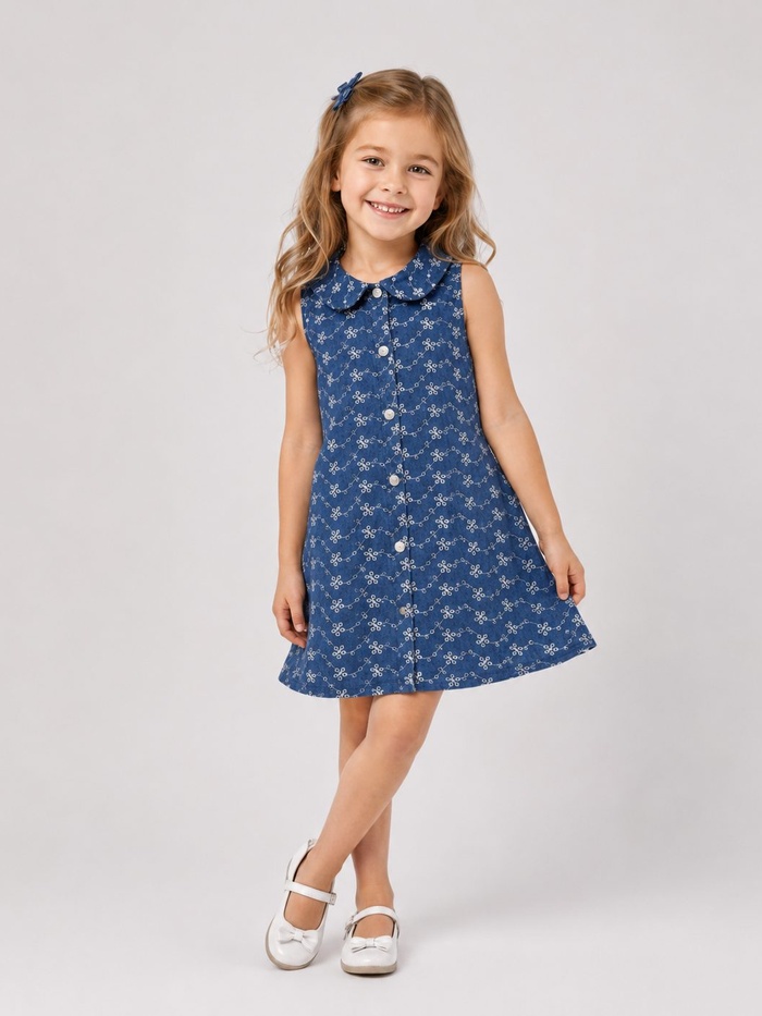 Blue Collared Dress - Girl (Button Front)