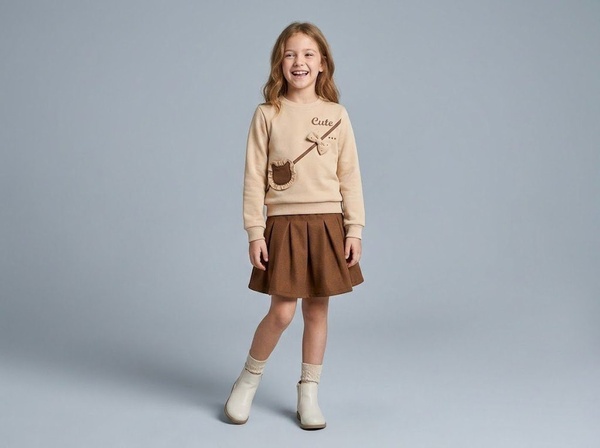 Bear Bag Sweatshirt Set Beige - For Girls (Brown Pleated Skirt)