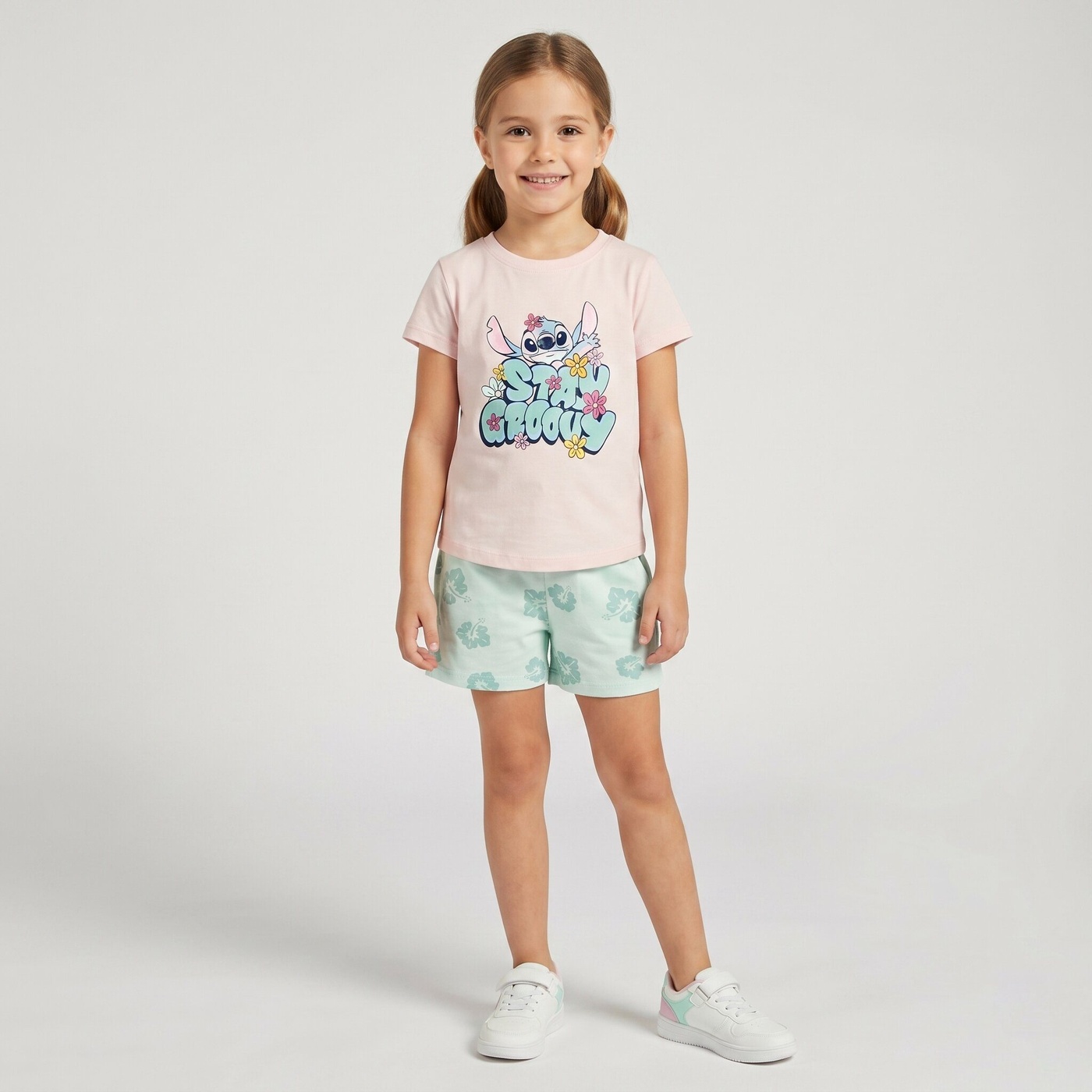 Stitch Pink Shorts Set - Girl (Green Shorts)-08