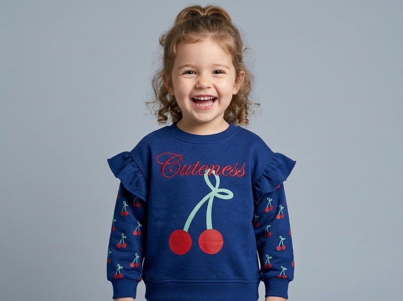 Cherry Cuteness Sweatshirt Navy Blue - Girl (Patterned Ruffle Sleeves)
