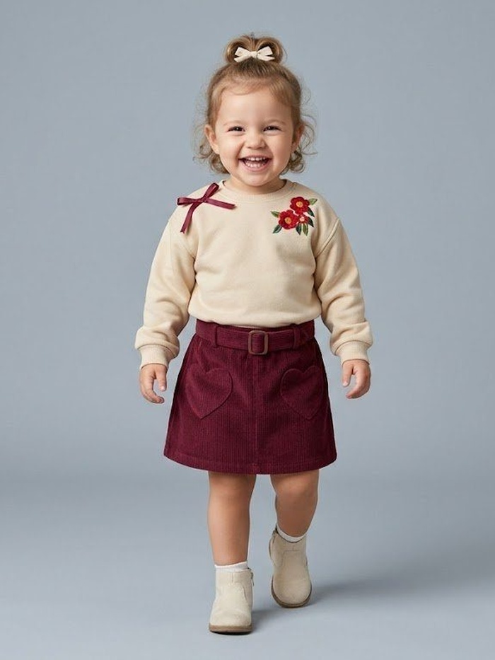 Rose Ribbon Set Cream & Maroon - Girl (Heart Pockets)