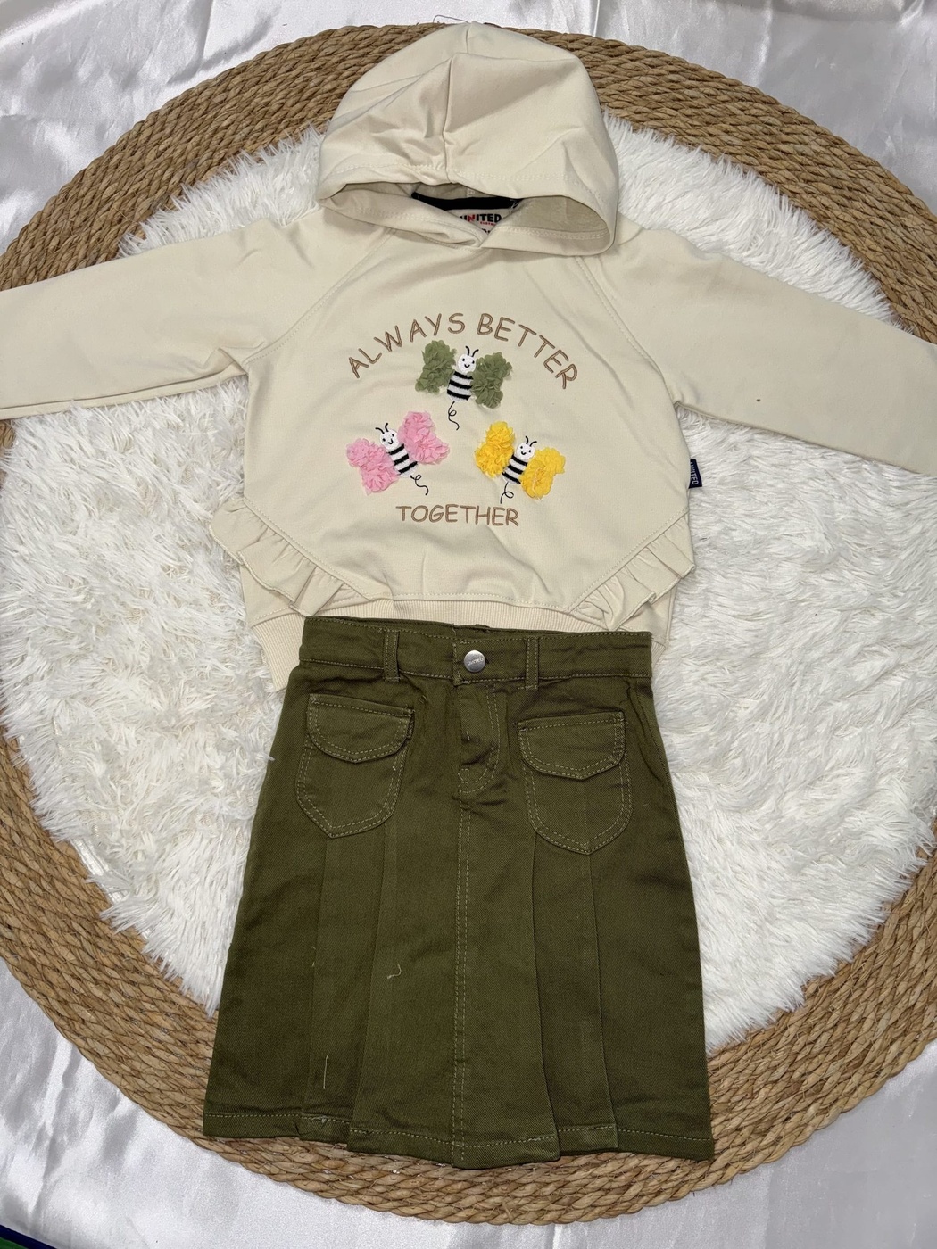 Better Together Bee Hoodie Set Beige - Girl (Olive Green Skirt)