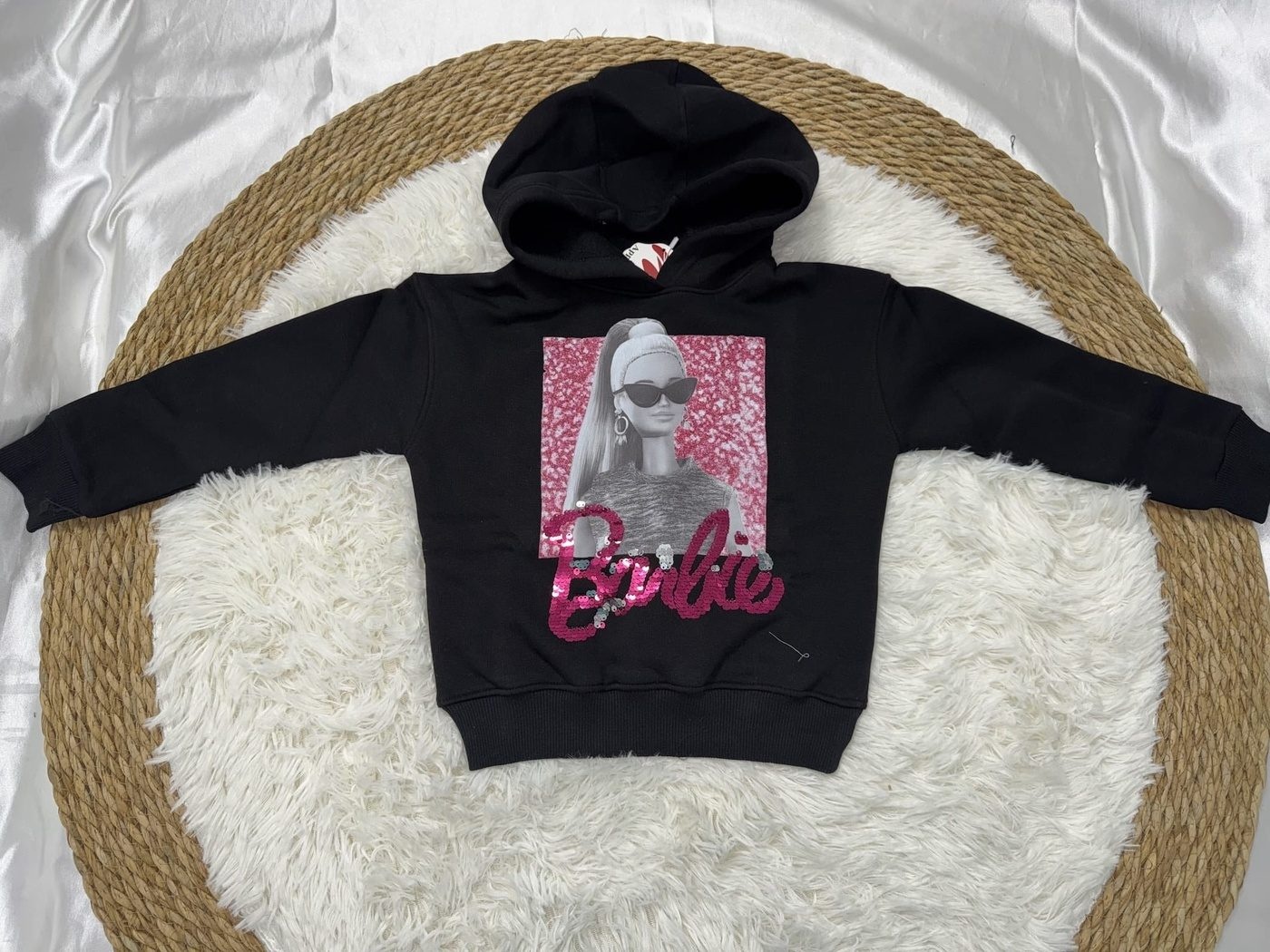 Barbie Sequin Hoodie Set Black - For Girls (Hot Pink Pants)