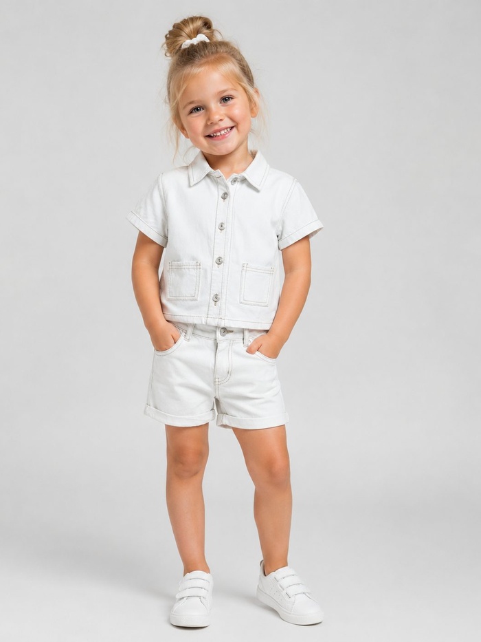 White Button Shorts Set - Girl (Patch Pockets)