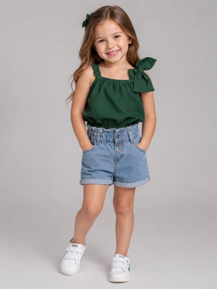 Shoulder-Bow Green Denim Shorts Set - Girl (Paperbag Waist Shorts)