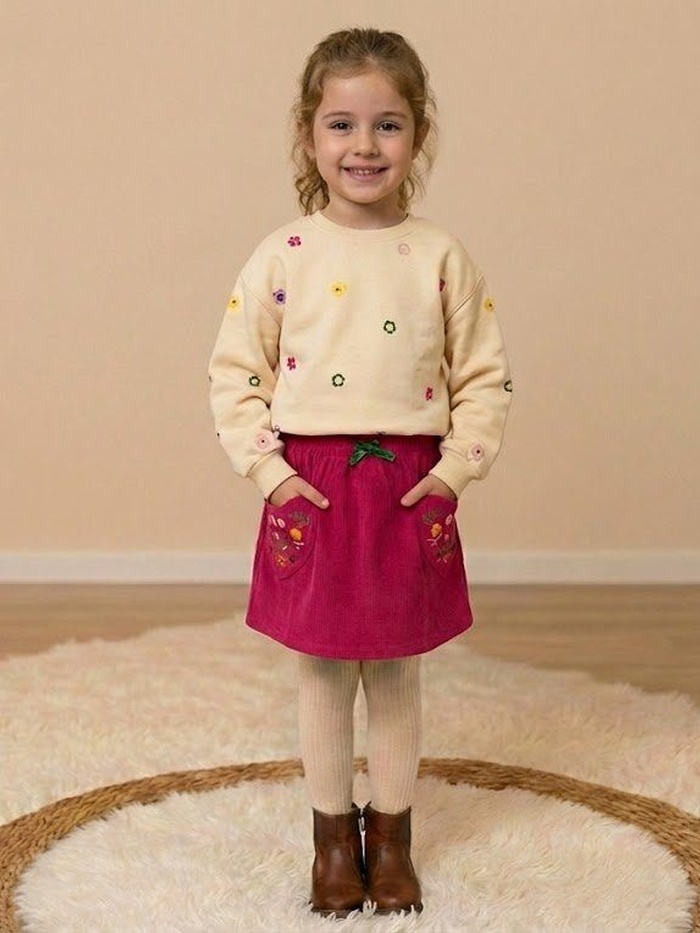 Floral Pocket Set Cream & Fuchsia - Girl (Embroidered Pockets)