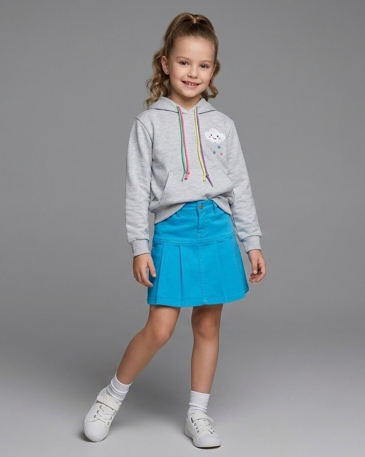 Rainbow Cloud Fringe Hoodie Set Grey - Girl (Blue Denim Skirt)