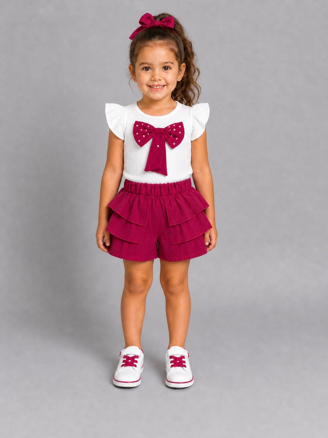 Bow Pink Shorts Set - Girl (Ruffle Shorts)-08