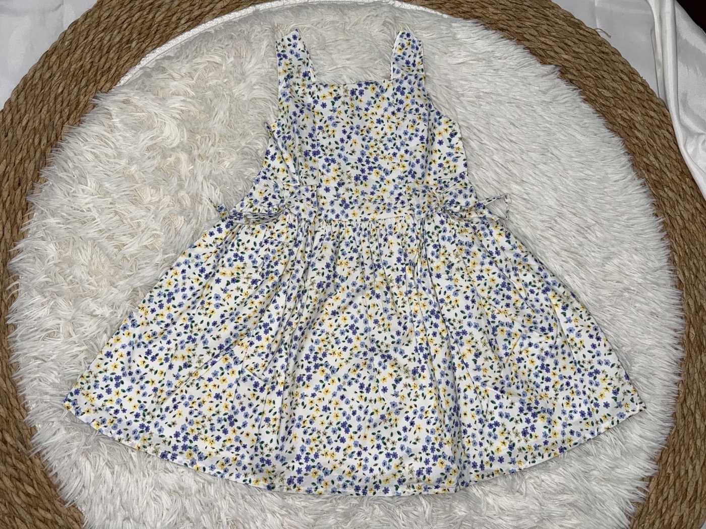 Blue Yellow Floral White Dress - Girl (Side Bows)-08