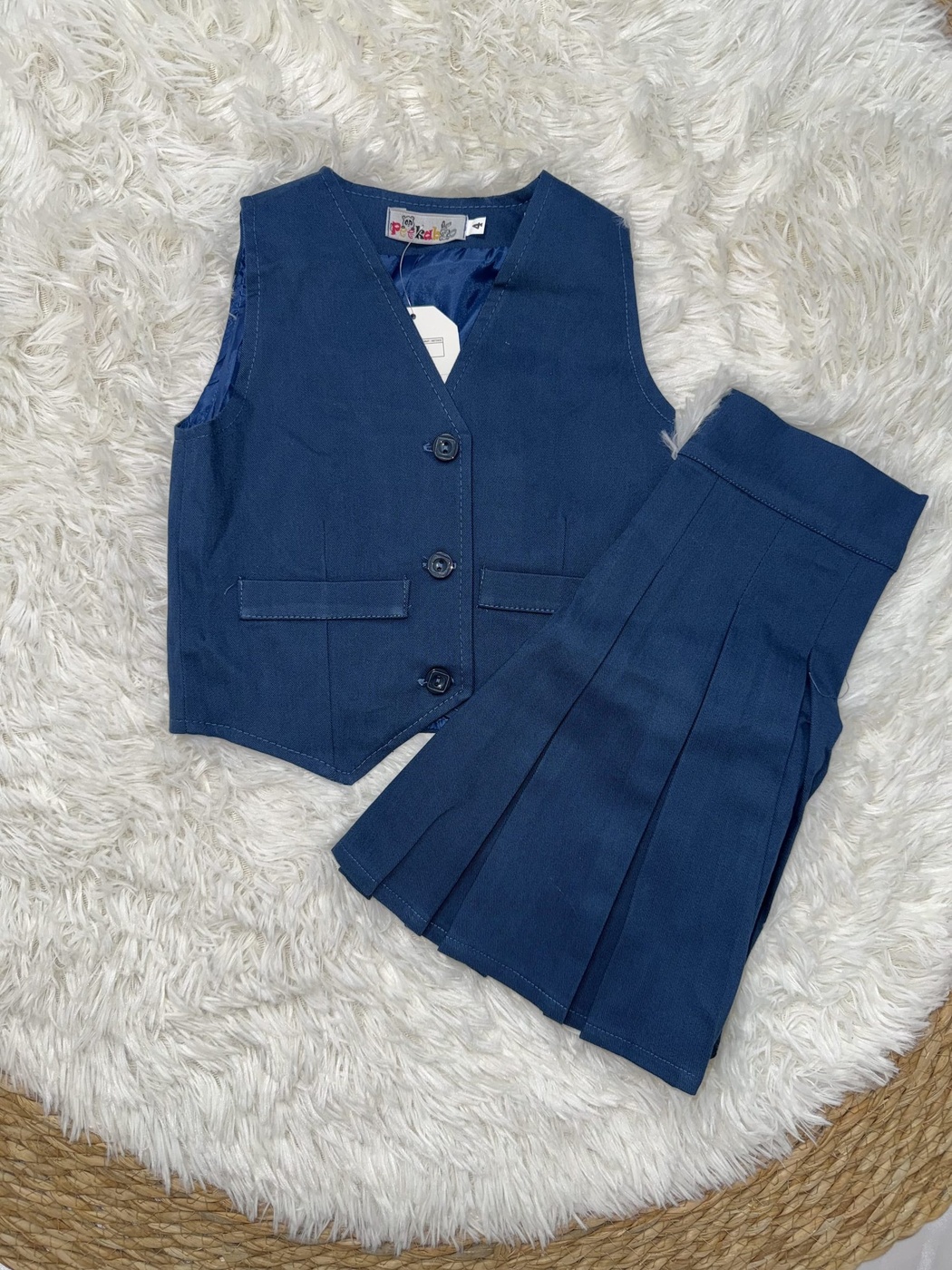 Peekaboo Blue Vest Set - Girl (Pleated Skirt)