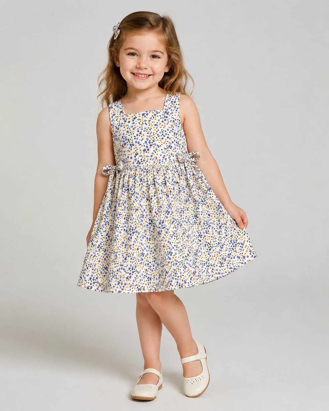 Blue Yellow Floral White Dress - Girl (Side Bows)-08