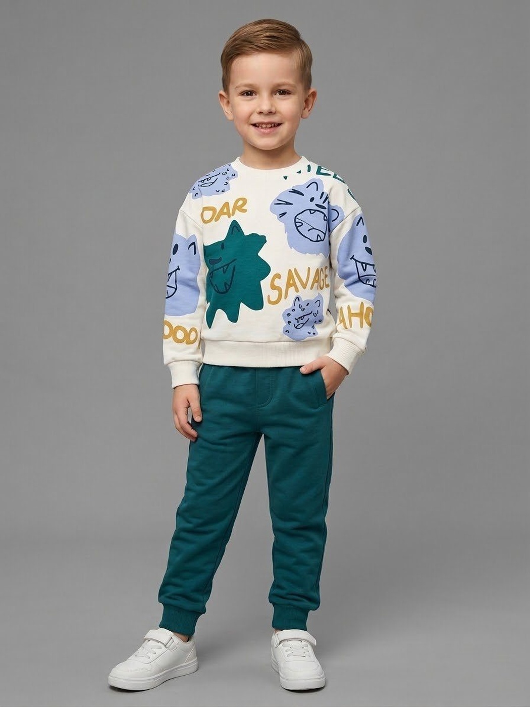 Roar Savage Tiger Set White - Boy (Teal Pants)