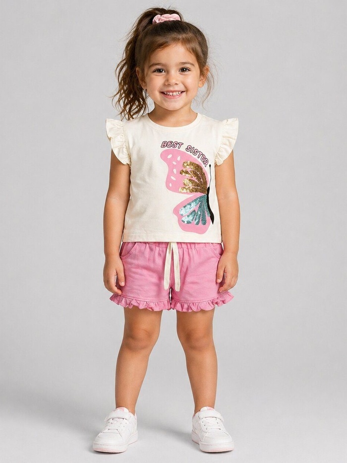 Best Sister Pink Shorts Set - Girl (Butterfly Graphic)