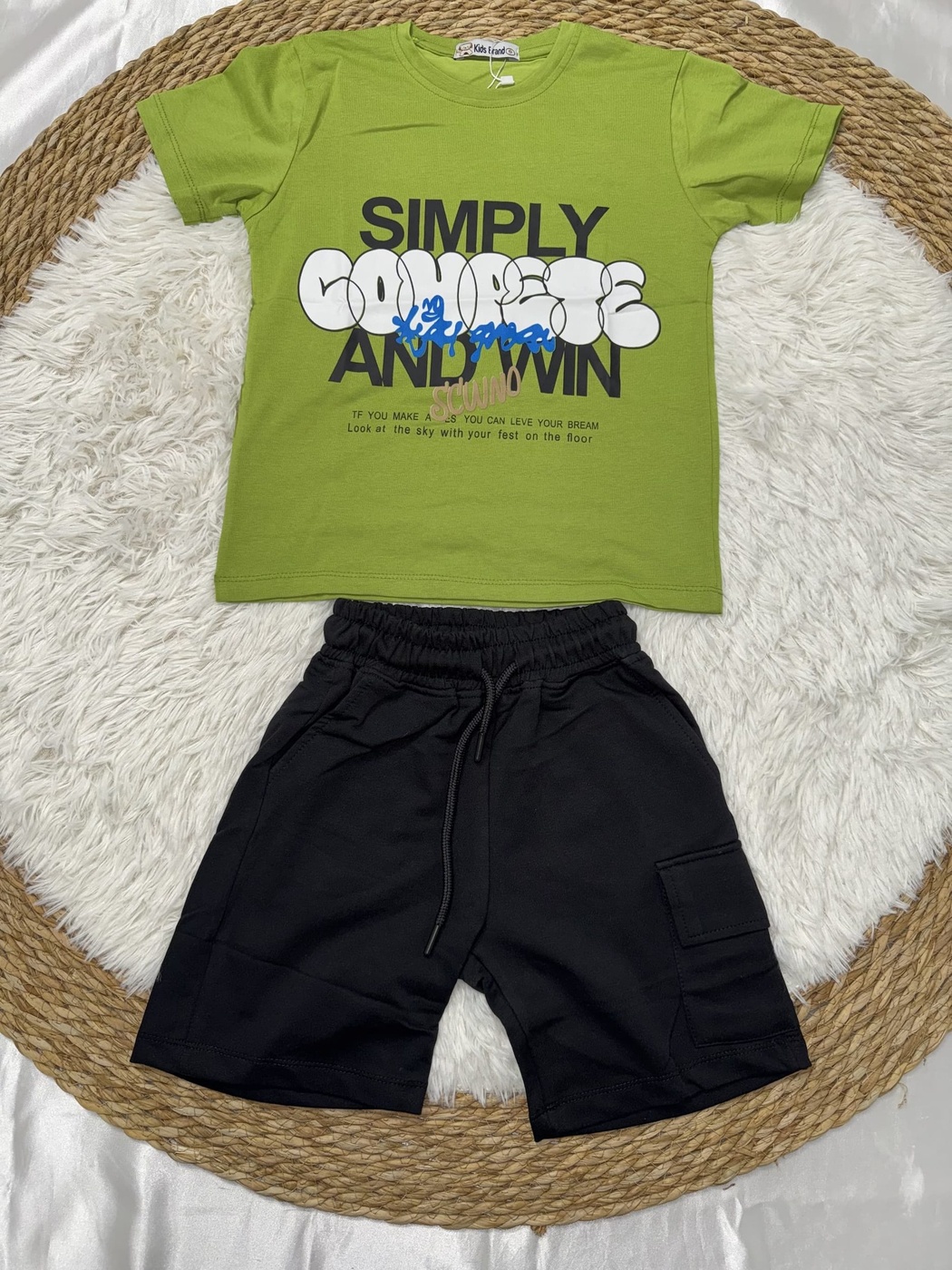 Text Graphic Green Tee Set - Boy (Black Cargo Shorts)-12
