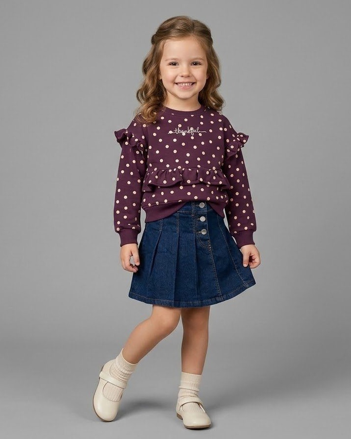 Thankful Polka Dot Set Maroon - Girl (Button Denim Skirt)
