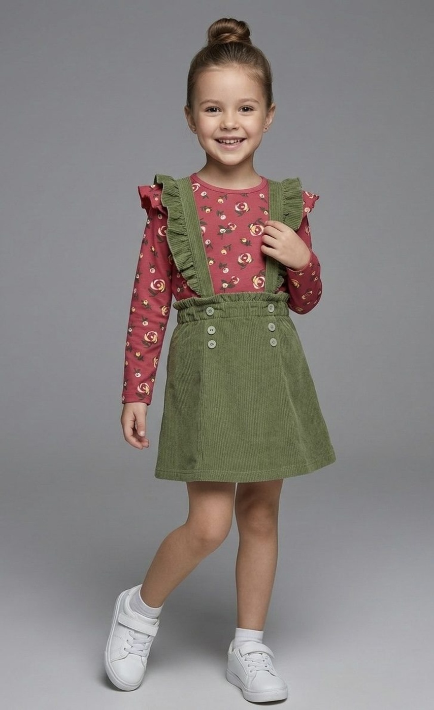 Rose Suspender Set Red - Girl (Olive Corduroy Bottom)