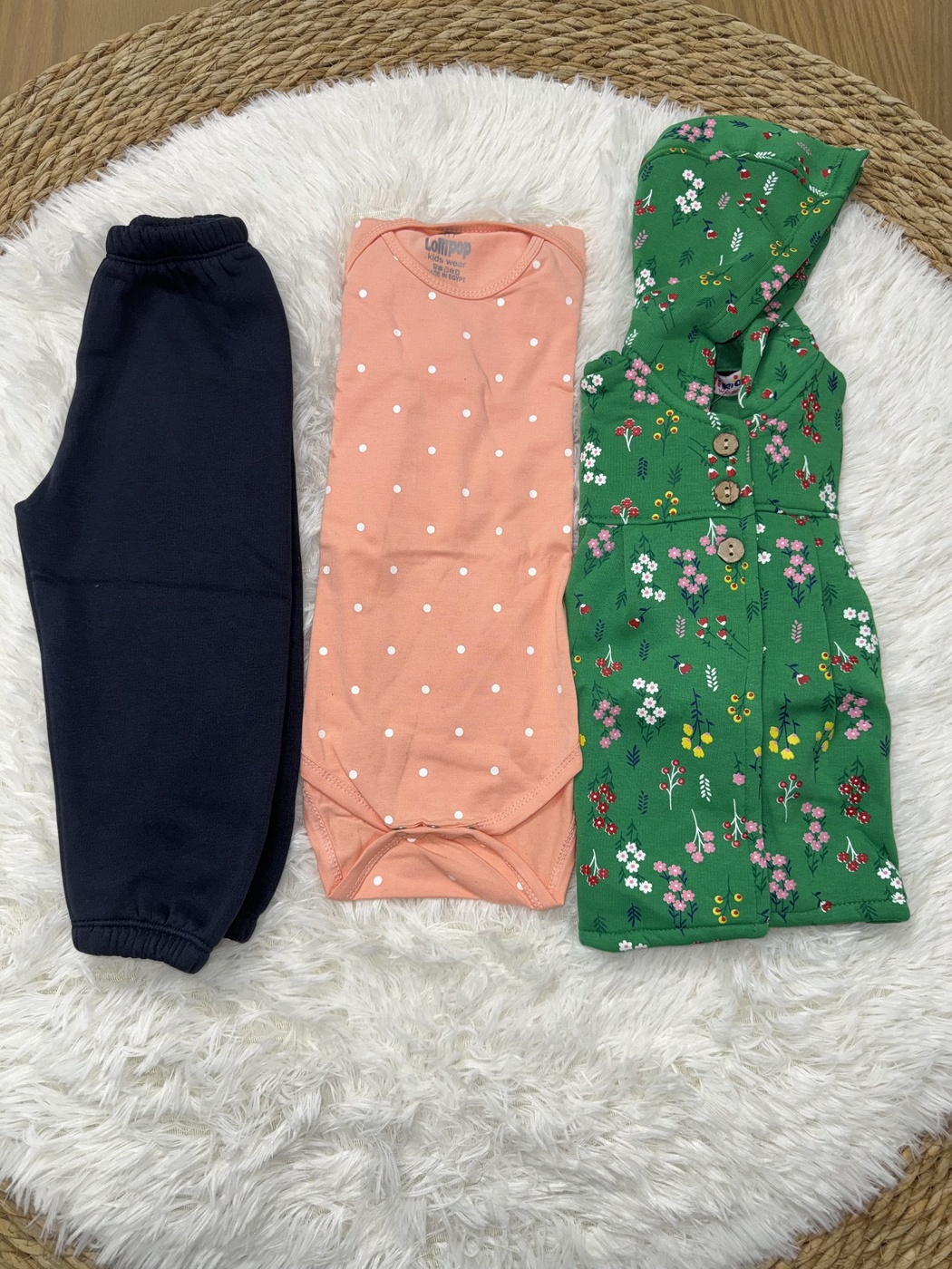 Green Floral 3-Piece Set - Baby Girl (Orange Onesie)
