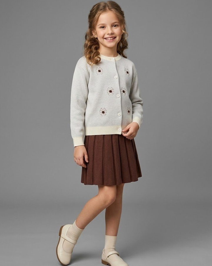 Daisy Cardigan Set Light Grey - Girl (Brown Ribbed Skirt)