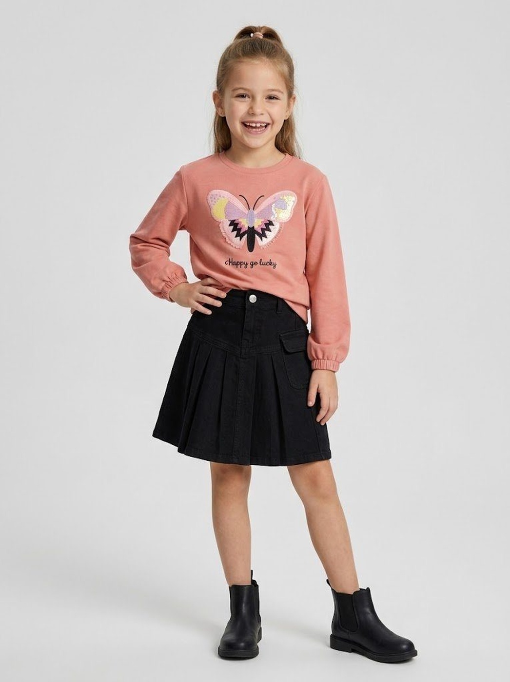 Happy Butterfly Fringe Set Peach - Girl (Black Pleated Skirt)