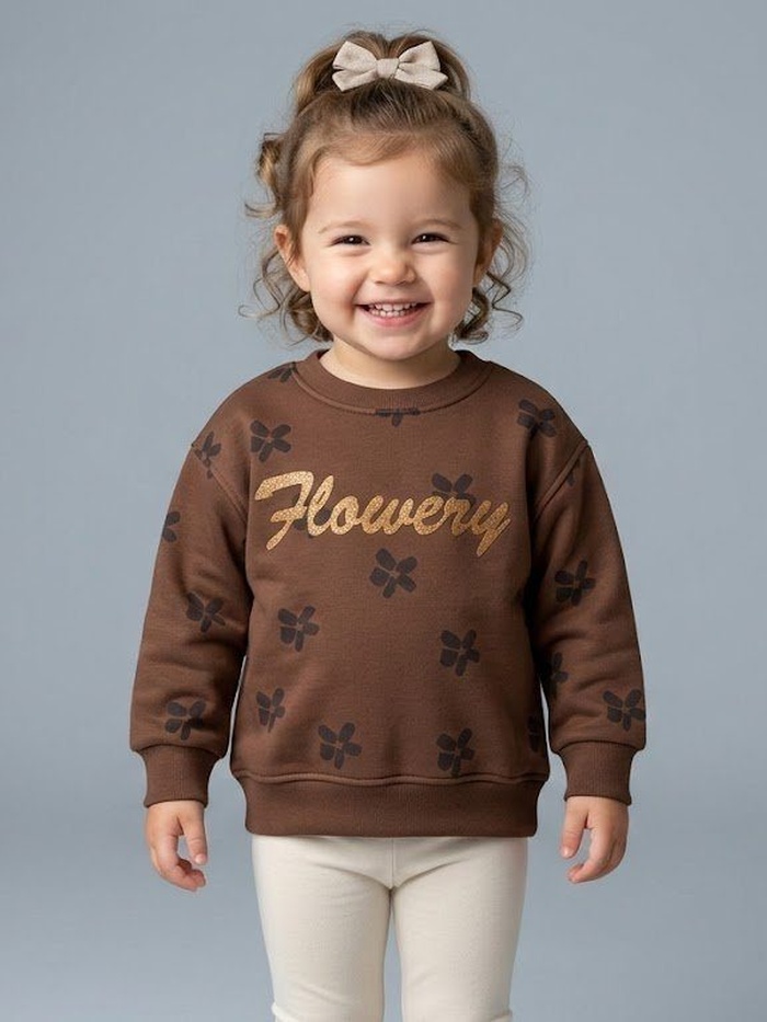Flowery Sweatshirt Brown - Girl (Gold Text Embroidery)