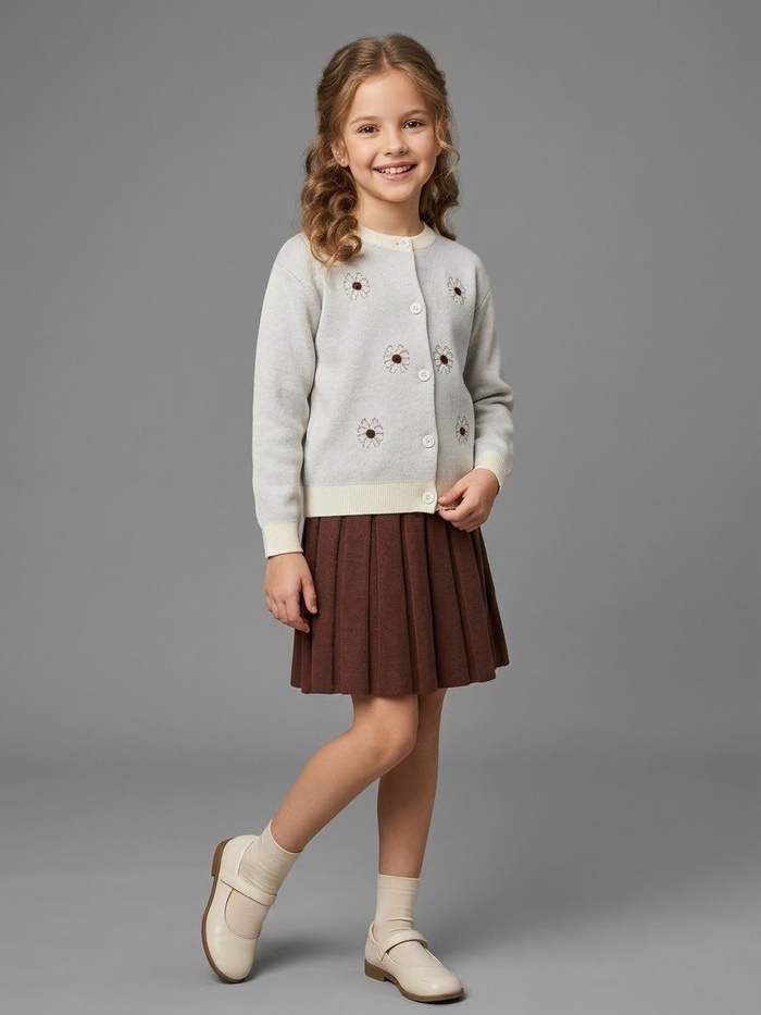 Daisy Cardigan Set Light Grey - Girl (Brown Ribbed Skirt)