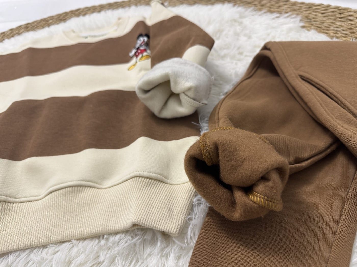Mickey Mouse Striped Set Beige & Brown - For Boys (Small Chest Embroidery)