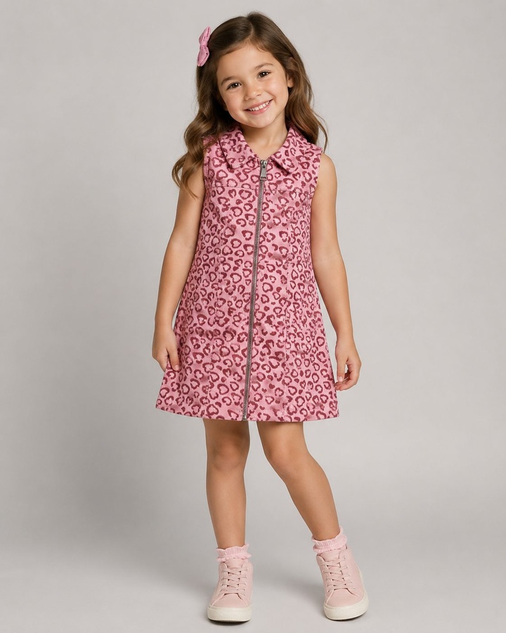 Leopard Pink Zip Dress - Girl (Collared)