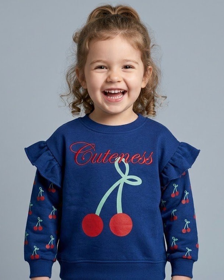 Cherry Cuteness Sweatshirt Navy Blue - Girl (Patterned Ruffle Sleeves)