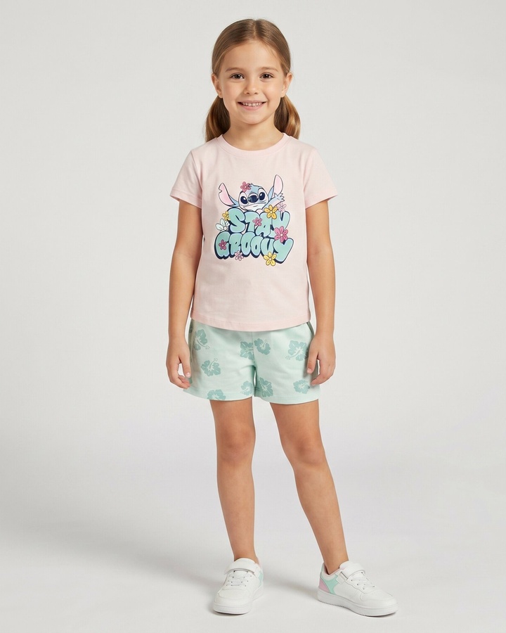 Stitch Pink Shorts Set - Girl (Green Shorts)