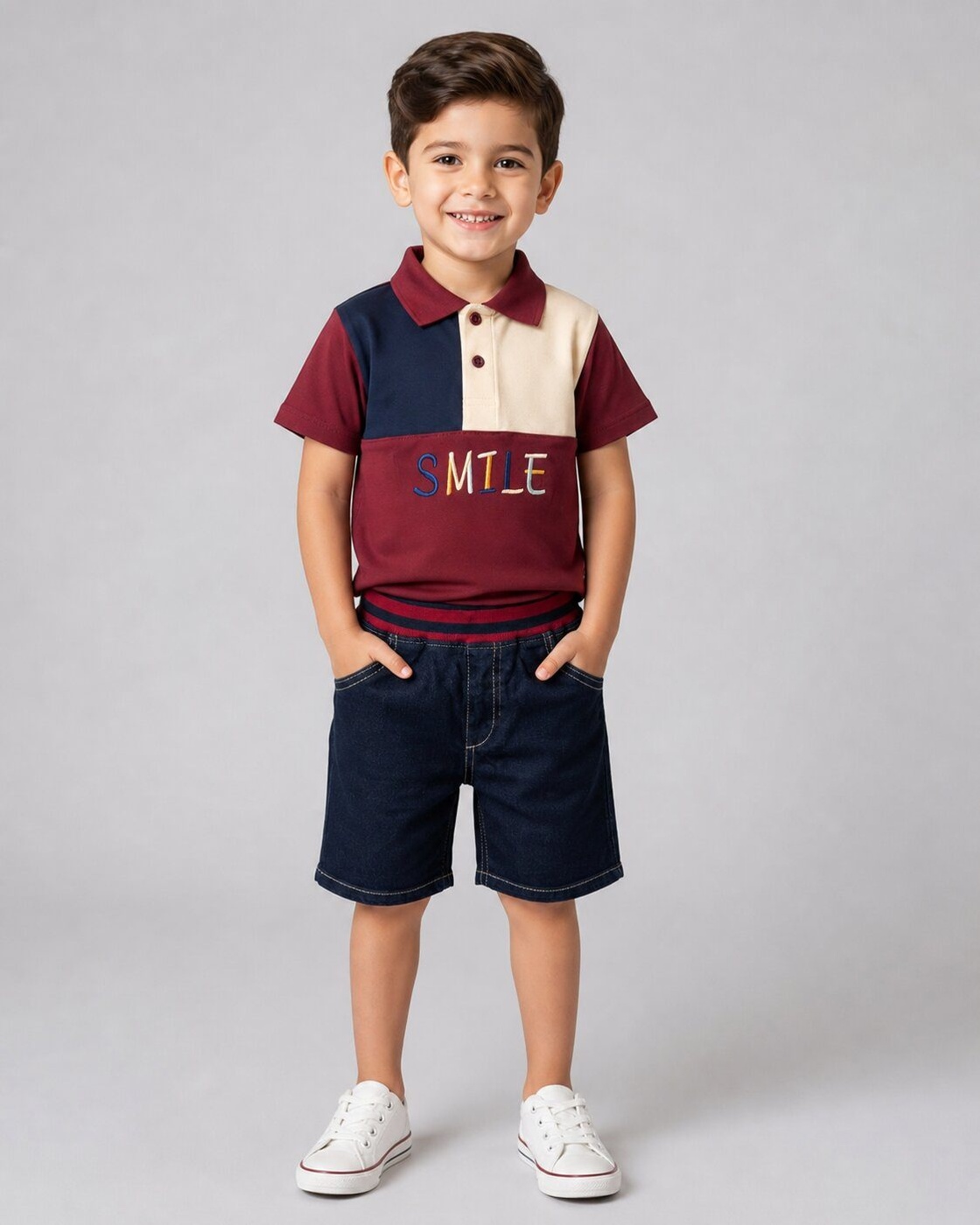Smile Burgundy Polo Shorts Set - Boy (Color Block Top)-08