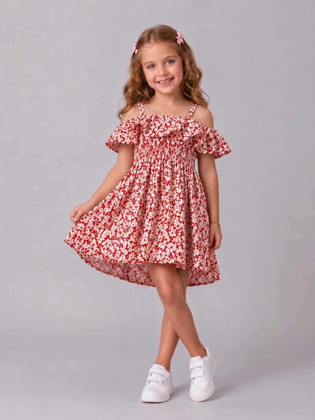 Red Floral Cold Shoulder Dress - Girl (Ruffle Neckline)-07