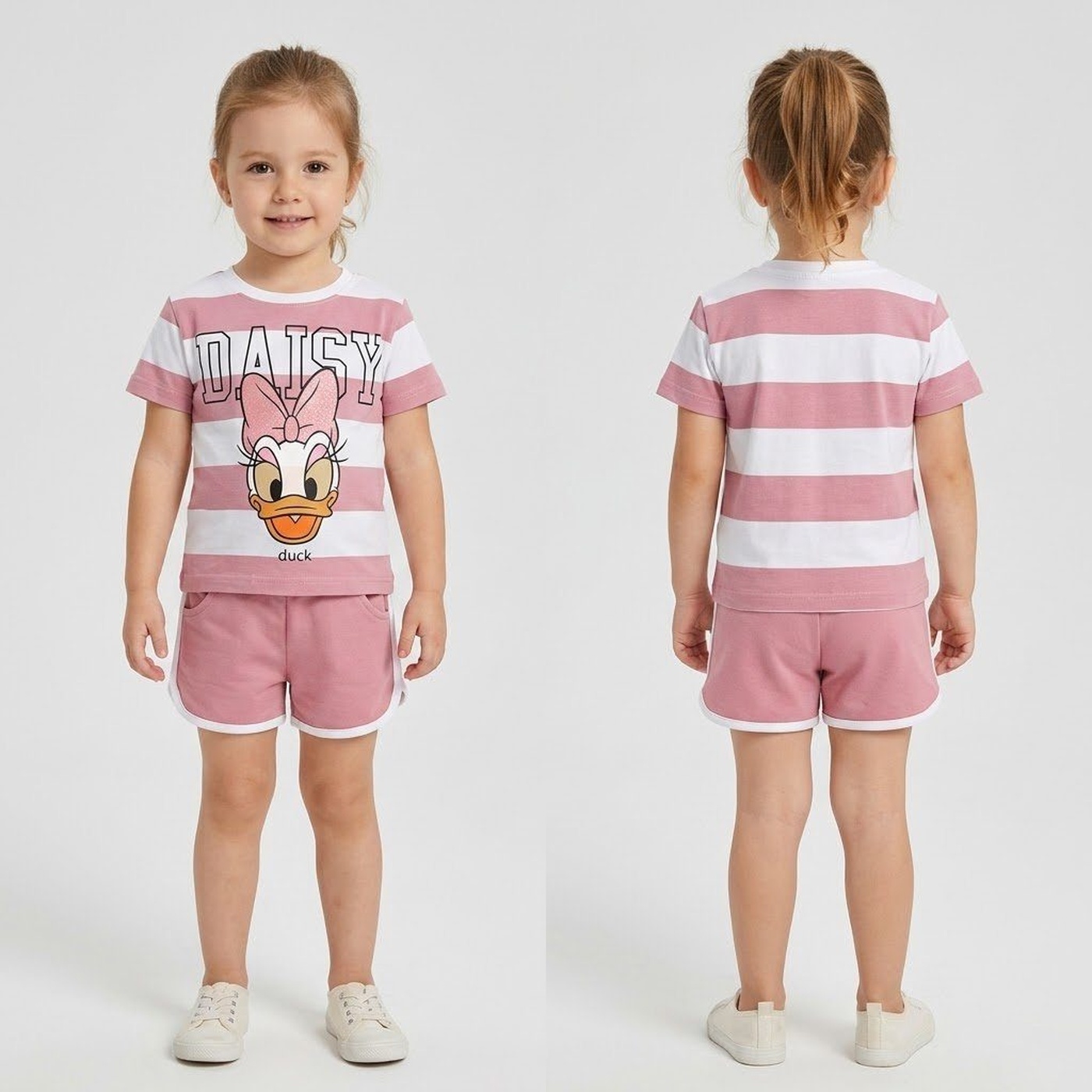 Daisy Duck Pink Striped Shorts Set - Girl (Front Graphic)-06