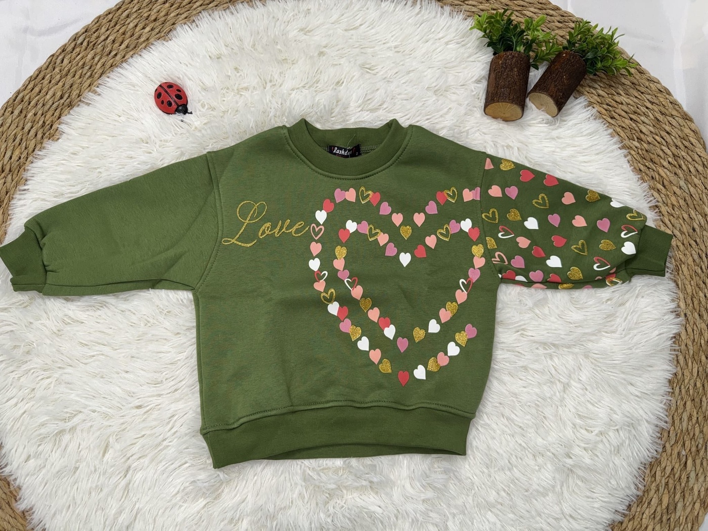 Love Heart Sweatshirt Olive Green - Girl (Single Patterned Sleeve)