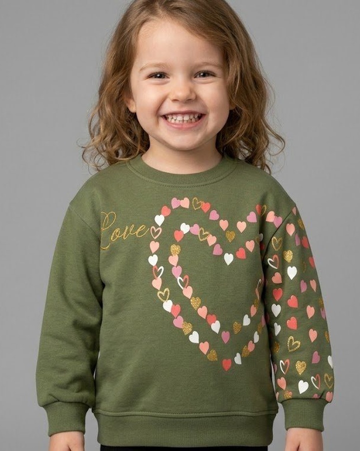 Love Heart Sweatshirt Olive Green - Girl (Single Patterned Sleeve)
