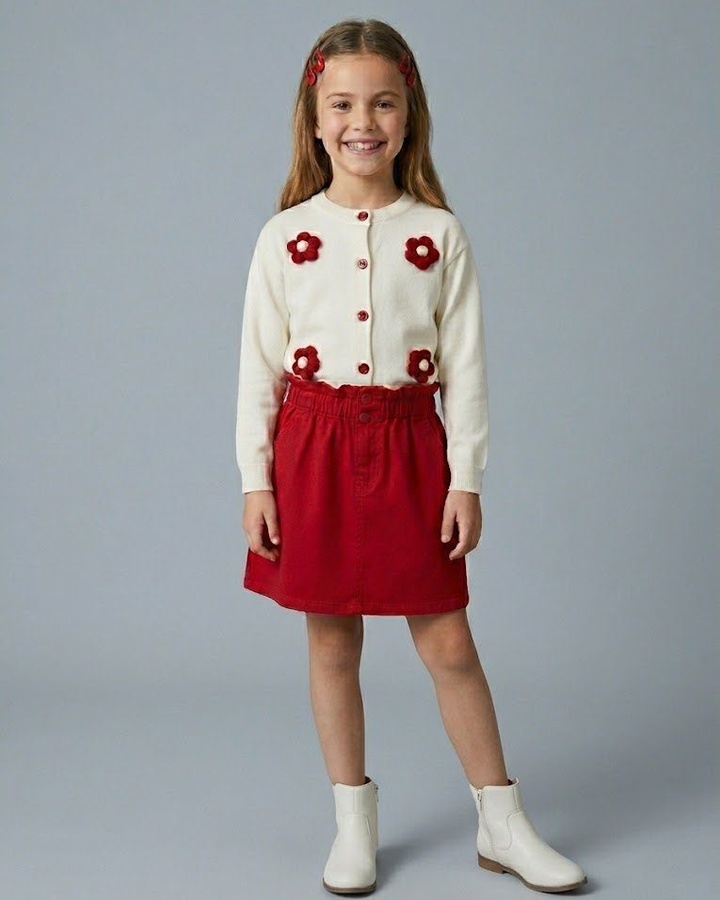 3D Flower Cardigan Set White - Girl (Red Skirt)