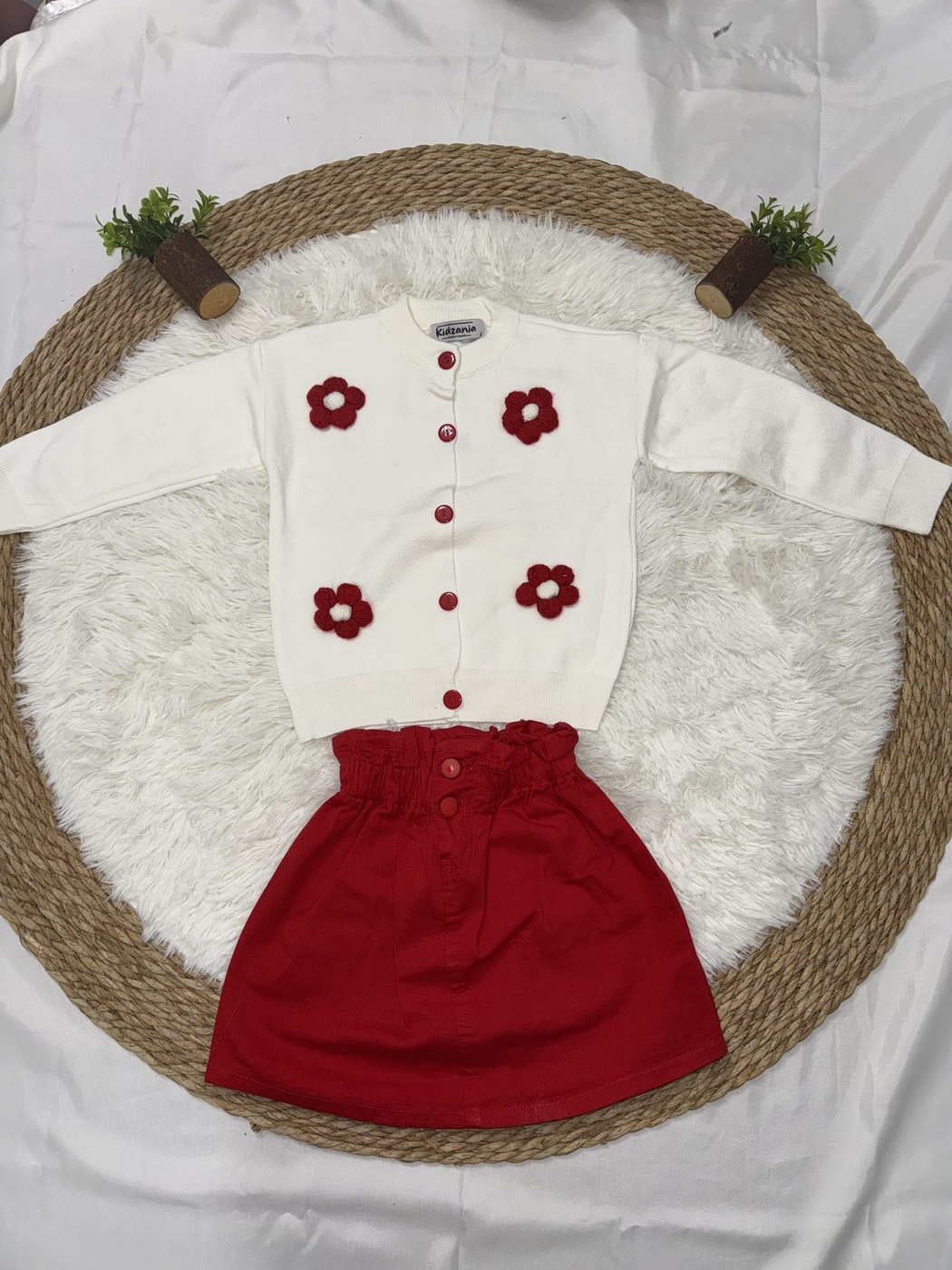 3D Flower Cardigan Set White - Girl (Red Skirt)