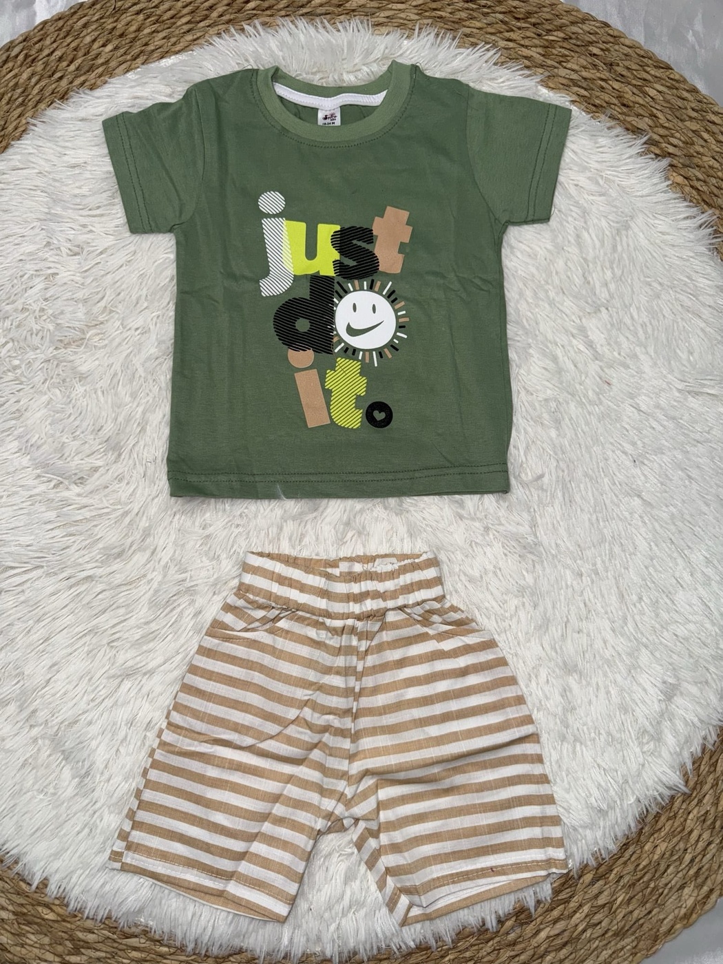 Just Do It Olive Green Shorts Set - Boy (Text Graphic)-24M