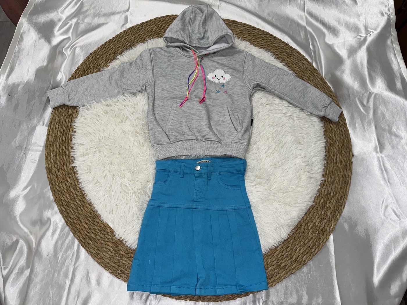 Rainbow Cloud Fringe Hoodie Set Grey - Girl (Blue Denim Skirt)