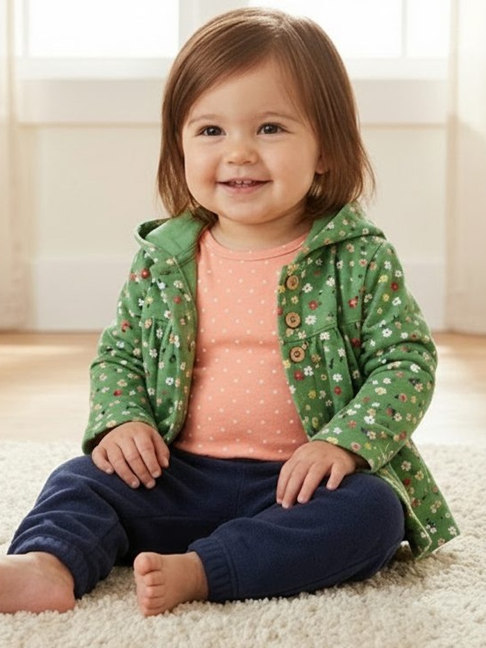 Green Floral 3-Piece Set - Baby Girl (Orange Onesie)