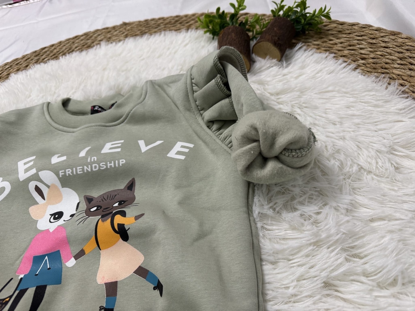 Friendship Sweatshirt Sage Green - Girl (Bunny & Cat)