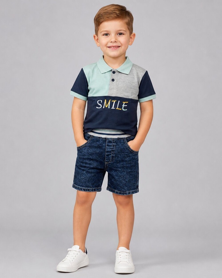 Smile Navy Polo Shorts Set - Boy (Mint Color Block Top)