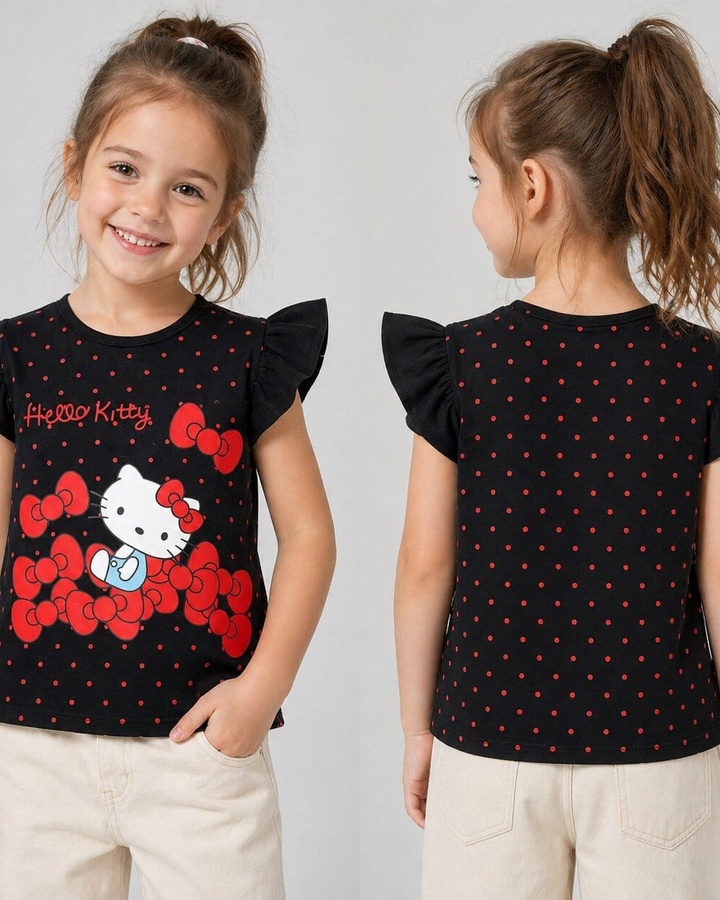 Hello Kitty Black Ruffle Sleeve Tee - Girl (Red Bow Graphic)