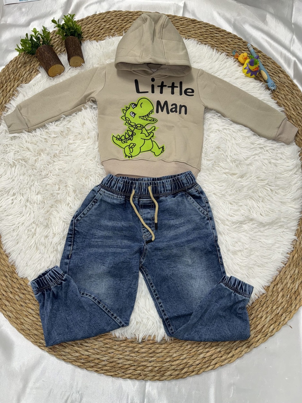 Little Man Beige Hoodie Set - Boy (Blue Pants)